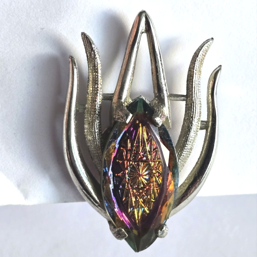 Vintage Elizabeth Morrey brooch flame iridescent glass fire floral silver tone
